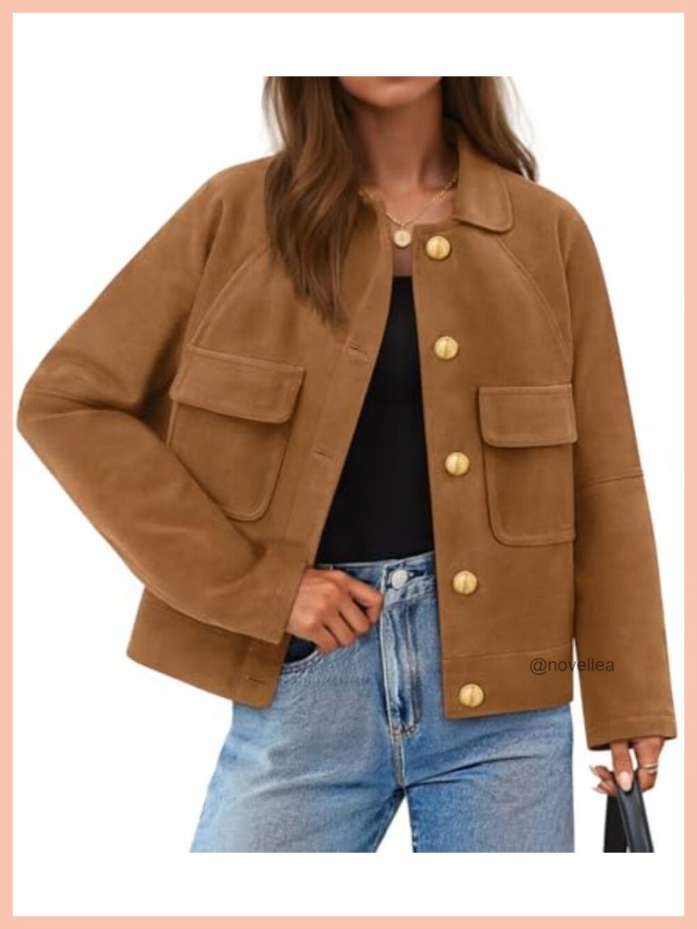 Faux Suede Button Down Crop Jacket Long Sleeve Casual Utility Coat